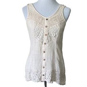 Cream colored gauze-like cotton tank hi low hem faux button front Size Large